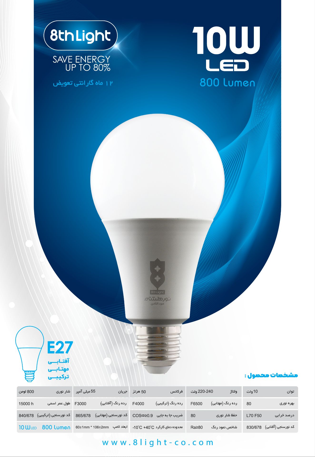 لامپ حبابی 10 وات نورهشتم